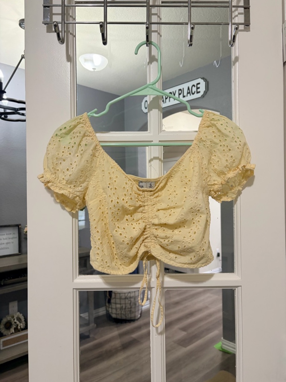 Hollister Pale Yellow Eyelet Ruched Puff-Sleeve Crop Top